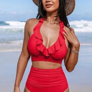 Ruffled V-Neck High-Waist Red Bikini Set - Women Swim